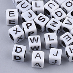 Opaque Acrylic Beads, Horizontal Hole, Cube with Random Initial Letter, White, 6x6x6mm, Hole: 3.5mm, about 3380pcs/500g(MACR-S299-054C)