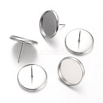Tarnish Resistant Flat Round Stainless Steel Stud Earring Settings, Stainless Steel Color, Tray: 14mm, 16mm, Pin: 0.7mm(X-STAS-M227-14mm)