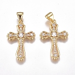 Brass Micro Pave Cubic Zirconia Pendants, Cadmium Free & Lead Free, Long-Lasting Plated, Cross, Clear, Golden, 25.5x16.5x3mm, Hole: 4x5mm(ZIRC-G168-27G)