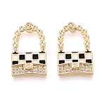 Brass Micro Pave Clear Cubic Zirconia Pendants, with Black & White Enamel, Nickel Free, Bag, Real 18K Gold Plated, 25x16x2.5mm, Jump Ring: 5x1mm, 3mm inner diameter(KK-N233-207)