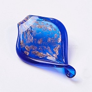 Handmade Gold Sand Lampwork Big Pendants, Leaf, Blue, 69~75x42~48x6~8mm, Hole: 7x7mm(LAMP-F009-03B)