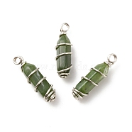 Natural Xinyi Jade/Chinese Southern Jade Double Terminal Pointed Pendants, with Platinum Tone Copper Wire Wrapped, Bullet, 26~26.5x8mm, Hole: 2.5~2.8mm(PALLOY-JF01686-01)