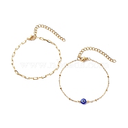 2Pcs 2 Style Brass Paperclip Chains & 304 Stainless Steel Satellite Chains Bracelets Set, Lampwork Evil Eye Beads Bracelets for Women, Golden, Blue, 6-1/4 inch(15.8cm), 1Pc/style(BJEW-JB08620-01)