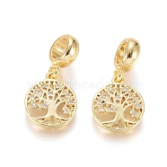 Brass Micro Pave Clear Cubic Zirconia European Dangle Charms, Large Hole Pendants, Flat Round with Tree of Life, Golden, 23mm, Hole: 5mm, Flat Round: 14x12x2mm(OPDL-L016-10G)