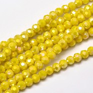 Faceted Round Full Rainbow Plated Electroplate Glass Beads Strands, Yellow, 4mm, Hole: 1mm, about 90~95pcs/strand, 12.8~13.6 inch(32~34cm)(EGLA-J130-FR05)