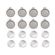 DIY Pendants Making, with Tibetan Style Alloy Pendant Cabochon Settings and Clear Half Round Glass Cabochons, Flat Round, Antique Silver, Cabochons: 13.5~14x6.5~7mm, Settings: 20x16.5x2mm, 2pcs/set(DIY-X0292-71AS)