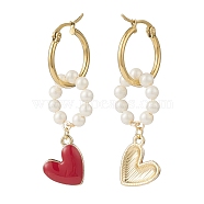 Shell Pearl Beaded Ring with Alloy Heart Dangle Hoop Earrings, Golden Brass Long Drop Earrings for Women, Red, 53mm, Pin: 0.6mm(EJEW-TA00172)