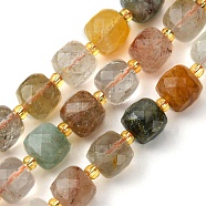 Natural Rutilated Quartz Beads Strands, with Seed Beads, Faceted Cube, 8~9x8~9x8~9mm, Hole: 0.9~1mm, about 35~39pcs/strand, 14.80''~15.16''(37.6~38.5cm)(G-Q010-A15-01)