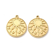 304 Stainless Steel Pendants, Flat Round with Sun & Star Charm, Real 14K Gold Plated, 17x15x2mm, Hole: 1mm(STAS-L022-208G)