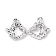 Alloy Crystal Rhinestone Pendants, Heart with Butterfly Charms, Platinum, 19x17.5x3mm, Hole: 2.6mm(ALRI-C008-42P)