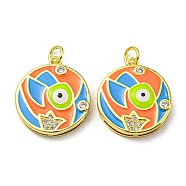 Real 18K Gold Plated Brass Pendants, with Cubic Zirconia and Enamel, Flat Round with Evil Eye Charms, Orange, 21x18.5x4mm, Hole: 3.5mm(KK-L209-009G-03)