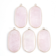 Natural Rose Quartz Pendants, with Brass Findings, Oval, Golden, 47x23x4mm, Hole: 2mm(G-S344-18D)