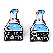 Chemical Theme Enamel Pin, Electrophoresis Black Zinc Alloy Brooch for Backpack Clothes, Flask & Word Science Addicted, Deep Sky Blue, 30x17.5x1.5mm(PALLOY-D021-02C-EB)