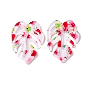 Transparent Acrylic Pendants, Monstera Leaf with Flower Pattern, Red, 31x23.5x2mm, Hole: 1.8mm(TACR-G037-A07)