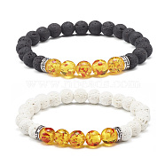 Oil Diffuser Yoga Natural & Synthetic Lava Rock(Dyed) Beads Stretch Bracelets Set for Girl Women, Resin Imitation Amber Beads Bracelets, Inner Diameter: 2-1/8 inch(5.5cm), 2pcs/set(BJEW-JB06888)