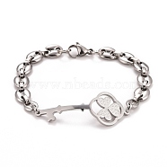 304 Stainless Steel Clover Skeleton Key Link Bracelet with Coffee Bean chains for Men Women, Stainless Steel Color, 8-1/2 inch(21.5cm)(STAS-E160-28P)