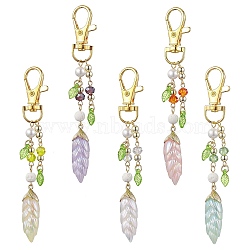 Leaf Resin Pendant Decoration, Alloy Swivel Lobster Claw Clasps and Glass Beads for Backpack Keychain Ornaments, Mixed Color, 106mm(HJEW-JM02022)