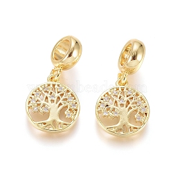 Brass Micro Pave Clear Cubic Zirconia European Dangle Charms, Large Hole Pendants, Flat Round with Tree of Life, Golden, 23mm, Hole: 5mm, Flat Round: 14x12x2mm(OPDL-L016-10G)