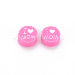 Handmade Polymer Clay Beads, Mother's Day Theme, Flat Round with Word I Love MOM, Hot Pink, 8~9.5x3.5~4.5mm, Hole: 1.5mm(X1-CLAY-T019-11H)