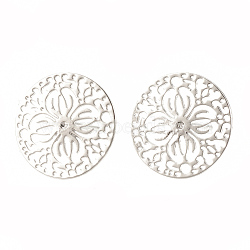 Brass Ear Studs, Flat Round with Flower, Nickel Free, Real Platinum Plated, 15mm, Pin: 0.6mm(KK-S345-273)