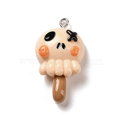 Opaque Resin Pendants, Halloween Charms with Platinum Tone Alloy Loops, Beige, Skull Lollipop, 33.5x18.5x9mm, Hole: 1.5mm(RESI-K020-03D)