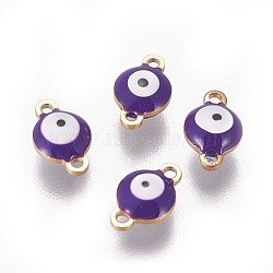 Ion Plating(IP) 304 Stainless Steel Enamel Links connectors, Flat Round with Evil Eye, Golden, Indigo, 9.5x6x3.5mm, Hole: 1.2mm(STAS-F206-02G-A02)