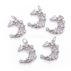 Brass Micro Pave Cubic Zirconia Pendants, with Jump Rings, Moon, Clear, Platinum, 18.5x15x3.5mm, Hole: 3mm(ZIRC-L070-43P)