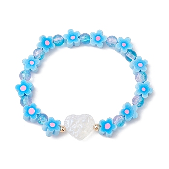 Handmade Flower Polymer Clay Stretch Bracelets, Crackle Glass Heart Beaded Bracelets for Women, Sky Blue, Inner Diameter: 2-1/8 inch(5.3cm)