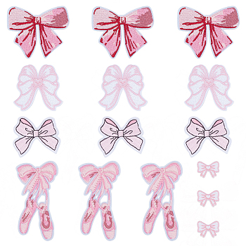 Bowknot Polyester Embroider Thread Iron on/Sew On Patches, Cloth Appliques, Pink, 19~58x25~52x1.2~2mm, 3pcs/style