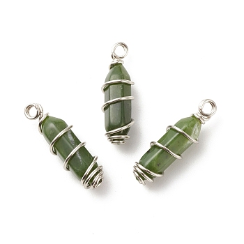 Natural Xinyi Jade/Chinese Southern Jade Double Terminal Pointed Pendants, with Platinum Tone Copper Wire Wrapped, Bullet, 26~26.5x8mm, Hole: 2.5~2.8mm