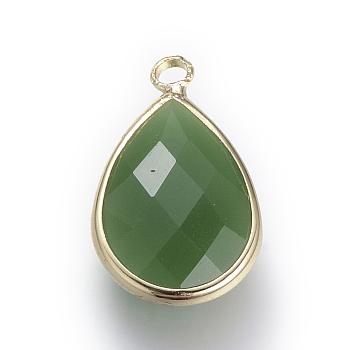 Glass Pendants, with Brass Findings, Faceted, Teardrop, Medium Sea Green, 18x10.5x4.5mm, Hole: 2mm