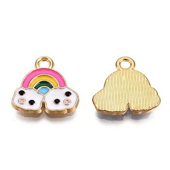 Alloy Enamel Charms, Cadmium Free & Nickel Free & Lead Free, Light Gold, Rainbow with Cloud, Hot Pink, 14x14x2mm, Hole: 1.8mm