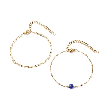 2Pcs 2 Style Brass Paperclip Chains & 304 Stainless Steel Satellite Chains Bracelets Set, Lampwork Evil Eye Beads Bracelets for Women, Golden, Blue, 6-1/4 inch(15.8cm), 1Pc/style