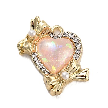 Alloy Glass Rhinestone Pendants, with Resin Pearl, Golden, Pearl Pink, Bowknot, Heart, 20x17.5x5.5mm, Hole: 1.6mm