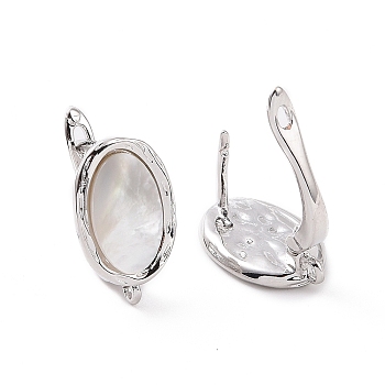 Rack Plating Brass Hoop Earring Findings with Latch Back Closure, Textured, with Natural White Shell and Horizontal Loop, Oval, Platinum, 18x10x11mm, Hole: 1.2mm, Pin: 0.9mm