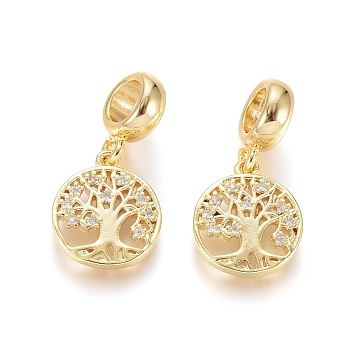 Brass Micro Pave Clear Cubic Zirconia European Dangle Charms, Large Hole Pendants, Flat Round with Tree of Life, Golden, 23mm, Hole: 5mm, Flat Round: 14x12x2mm
