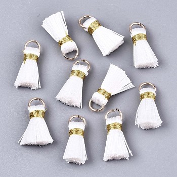 Handmade Polycotton(Polyester Cotton) Tassel Decorations, Pendant Decorations, with Golden Iron Loops, White, 17~21x10x5mm, Jump Ring: 6x0.7mm, Inner Diameter: 4.6mm