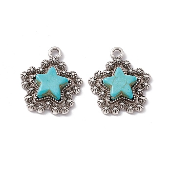 Synthetic Turquoise Pendants, Star Charms, with Rack Plating Alloy Findings, Antique Silver, 26x23x5mm, Hole: 3mm