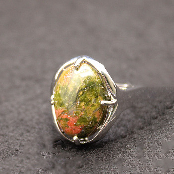 Oval Natural Unakite Adjustable Ring, Platinum Alloy Jewelry for Women, Inner Diameter: 18mm