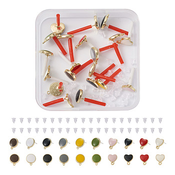 20Pcs 10 Style Alloy Enamel Stud Earring Findings, with Vertical Loops and 40Pcs Plastic Ear Nuts, Flat Round & Heart, Mixed Color, 12.5x10.5mm, Hole: 1mm and 12x10mm, Hole: 1.5mm, Pin: 0.6mm, 2Pcs/style