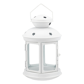 Portable Iron Candle Holder with Clear Glass Window, Vintage Lantern with Hollow Star, White, 11.9x18.5cm, Hole: 65x35mm, Inner Diameter: 8.7x8.5cm