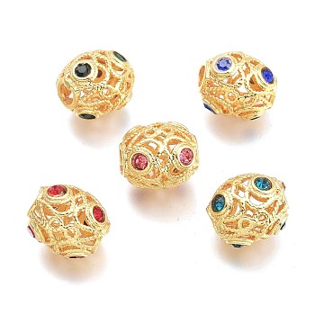 Brass Micro Pave Cubic Zirconia Beads, Hollow, Barrel, Real 18K Gold Plated, Mixed Color, 8.5x10mm, Hole: 2.4mm