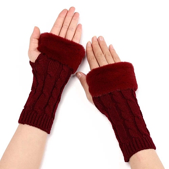 Acrylic Fibers Knitting Fingerless Gloves, Arm Warmer, Winter Warm Gloves with Thumb Hole, Dark Red, 210x60mm