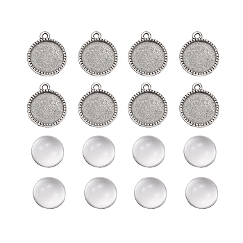 DIY Pendants Making, with Tibetan Style Alloy Pendant Cabochon Settings and Clear Half Round Glass Cabochons, Flat Round, Antique Silver, Cabochons: 13.5~14x6.5~7mm, Settings: 20x16.5x2mm, 2pcs/set