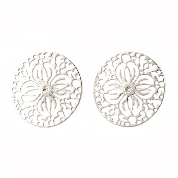 Brass Ear Studs, Flat Round with Flower, Nickel Free, Real Platinum Plated, 15mm, Pin: 0.6mm