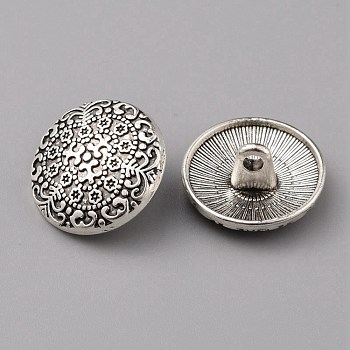 1-Hole Alloy Shank Buttons, Flat Round, Antique Silver, Flower Pattern, 17x8mm, Hole: 2mm