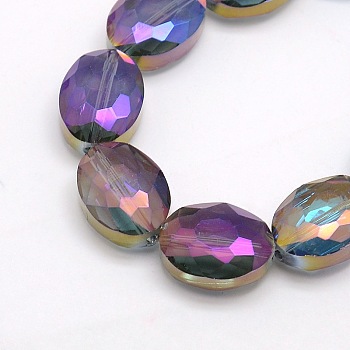 Faceted Electroplate Crystal Glass Oval Beads Strands, Rainbow Color Plated, Purple, 16x12x7mm, Hole: 1mm, about 50pcs/strand, 25.1 inch