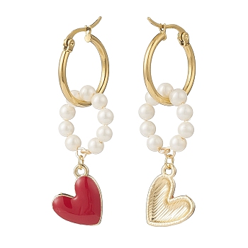 Shell Pearl Beaded Ring with Alloy Heart Dangle Hoop Earrings, Golden Brass Long Drop Earrings for Women, Red, 53mm, Pin: 0.6mm