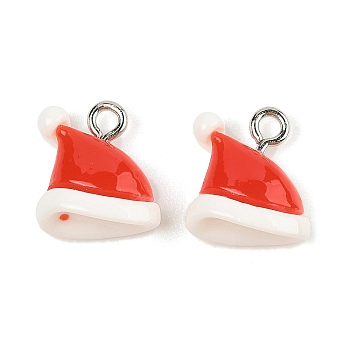 Christmas Theme Opaque Resin Pendants, with Platinum Iron Loop, Christmas Hat, 13x12x7mm, Hole: 2mm