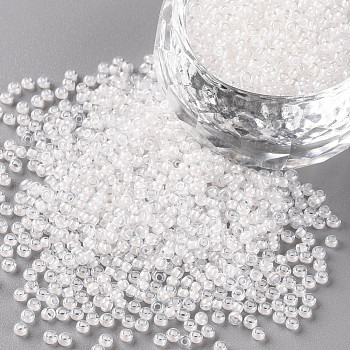 11/0 Grade A Round Glass Seed Beads, Transparent Inside Colours, Luster Plated, White, 2.3x1.5mm, Hole: 1mm, about 48500pcs/pound